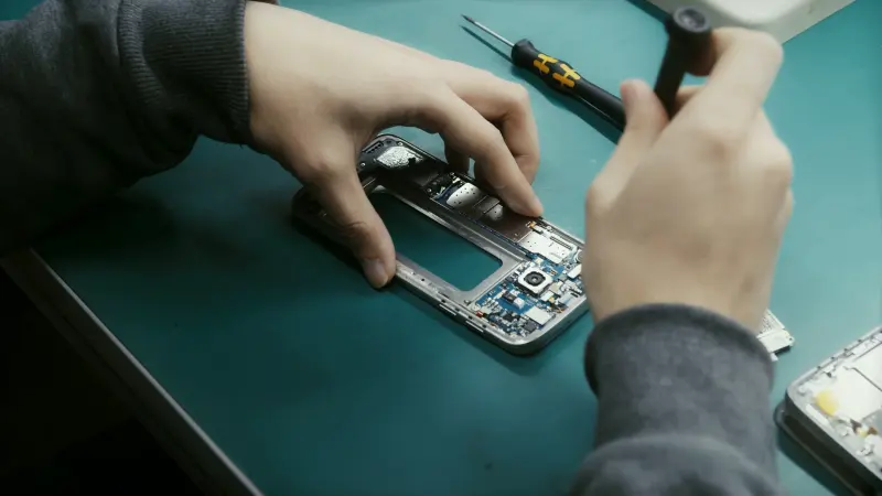 Remontage d'un smartphone Samsung sur un tapis d'atelier